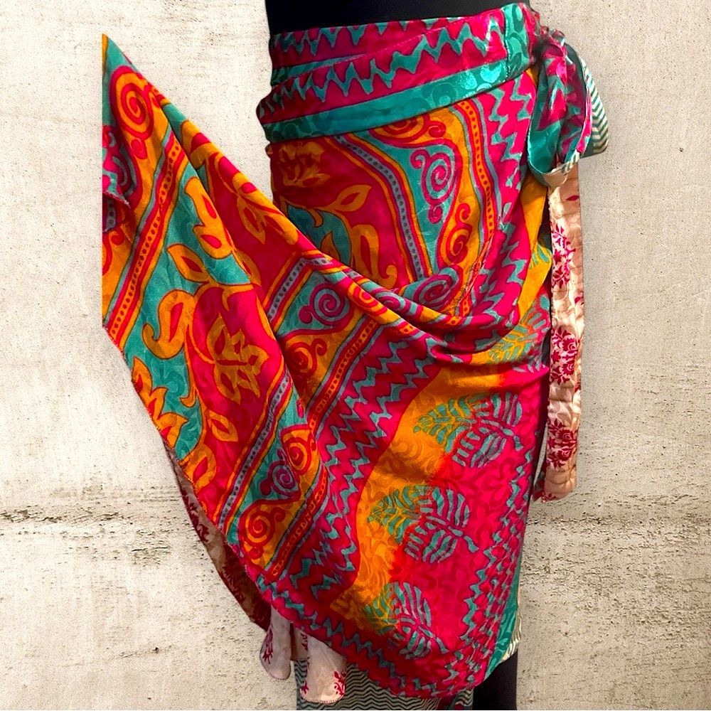 Gypsy silk ren fair Multicolor Women's below knee reversible wrap vintage Skirt - Picture 4 of 6